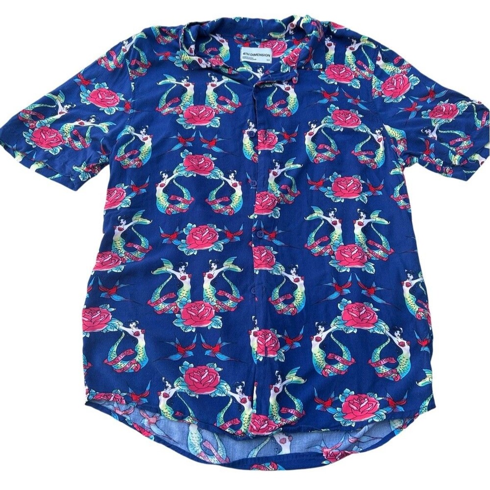 4th Dimension‎ Hey There Sailor Shirt Mens Small Button Up Pin Up Mermaid Roses